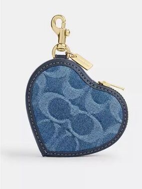 Coach Denim Heart Zip Key & Coin Pouch with Gold Hardware
